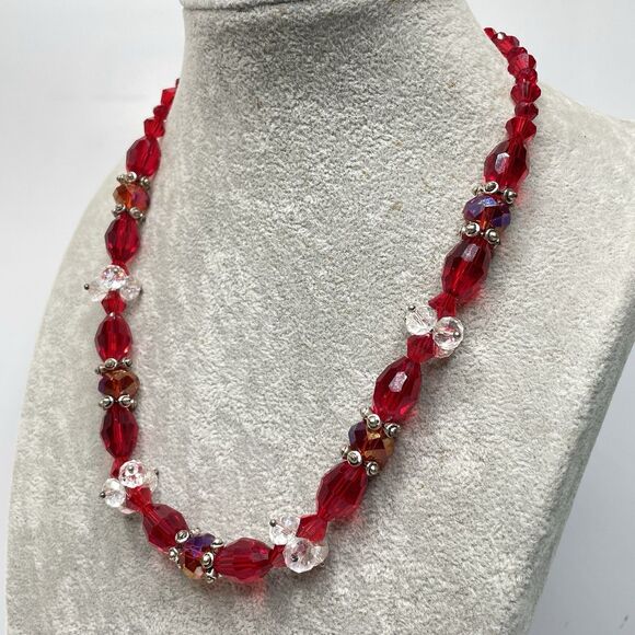 Artisan Red White Glass Beaded STatement Necklace Elegant Stunning Sparkly 21” - Picture 3 of 7